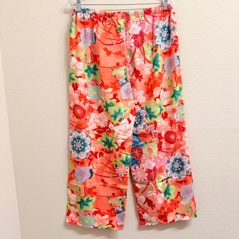 Natori Floral Pajama Pants Marrakech Garden Orange Women's Large Wide Leg - Picture 2 of 12